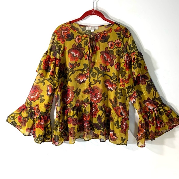 2/$35 Loft mustard Floral Peasant top - Picture 2 of 12